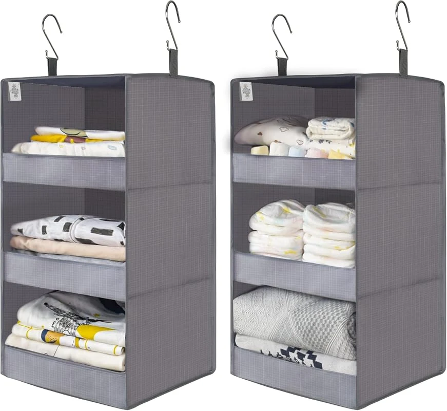 GRANNY SAYS 3 Tier Hanging Closet Organizers, Pack of 2, Foldable Storage Shelves in Grey