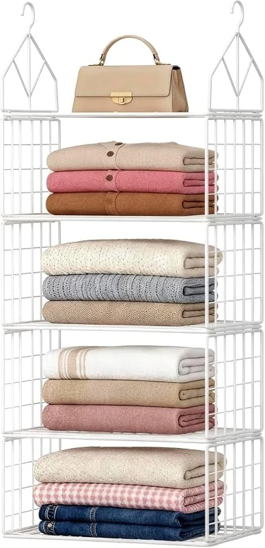 THMINS 4-Tier Hanging Closet Organizer with Hooks for Clothes, Sweaters, and Pants, White