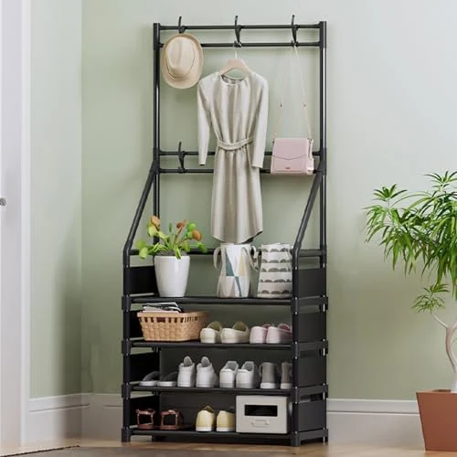 Multi-Tier Metal Frame Entryway Storage Bench with Hooks for Coats and Shoes