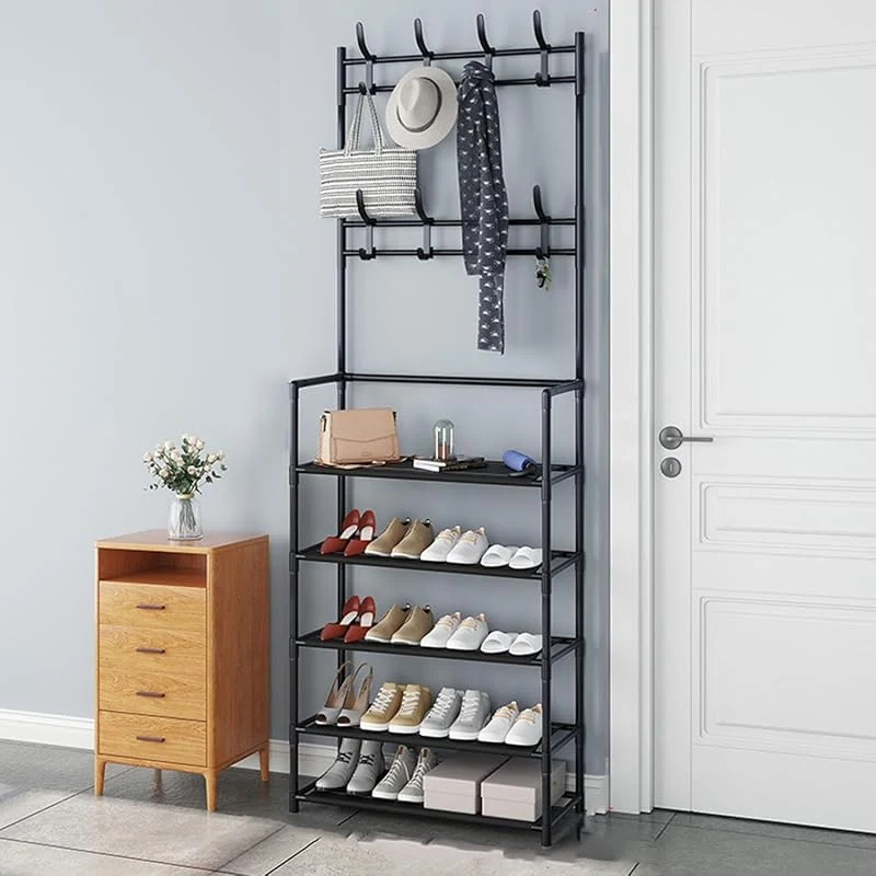 2-in-1 Freestanding Entryway Storage Bench with Hooks for Shoes, Clothes, and Bags