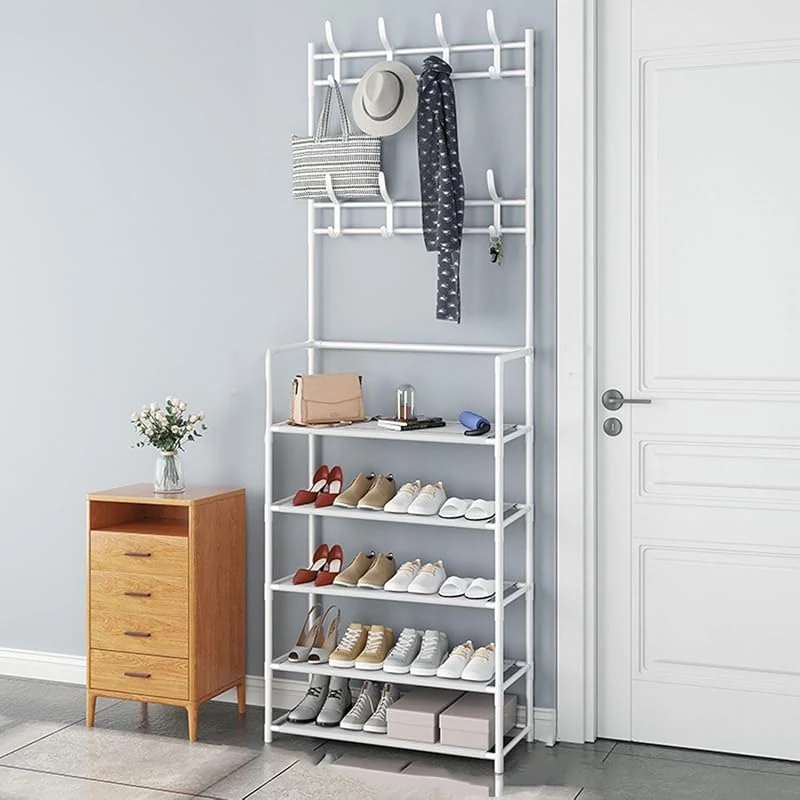 2-in-1 Entryway Storage Bench with Hooks and Shoe Organizer for Bags and Clothes