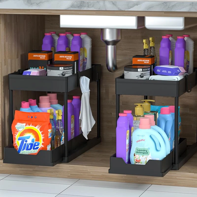 MEAFBIRD Under Sink Organizer - 2 Pack Tiered Shelves with Sliding Baskets for Kitchen and Bathroom