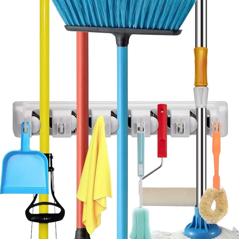SKY-TOUCH Mop and Broom Holder - Wall-Mounted Organizer for Space Saving Storage in Kitchen, Garage, and Garden