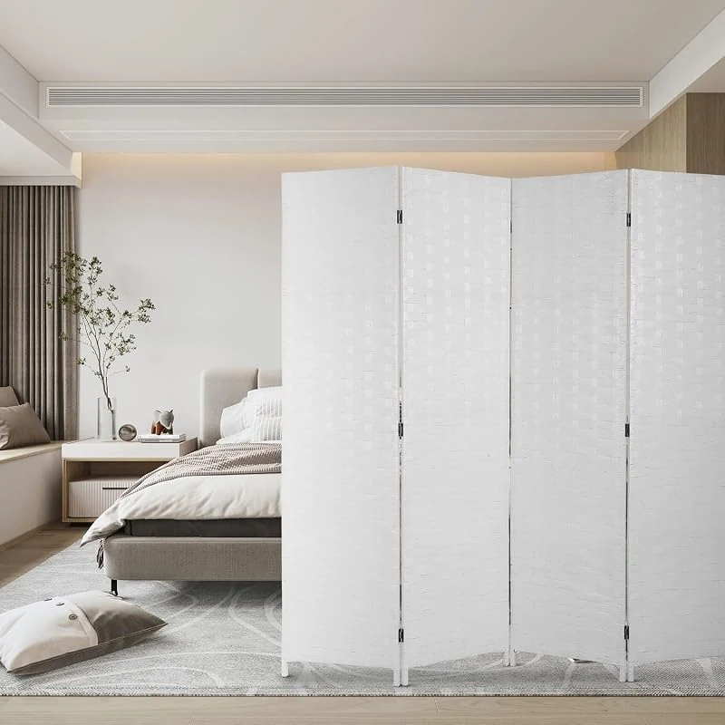 4 Panel Wood Woven Room Divider - Portable Freestanding Privacy Screen for Living Spaces