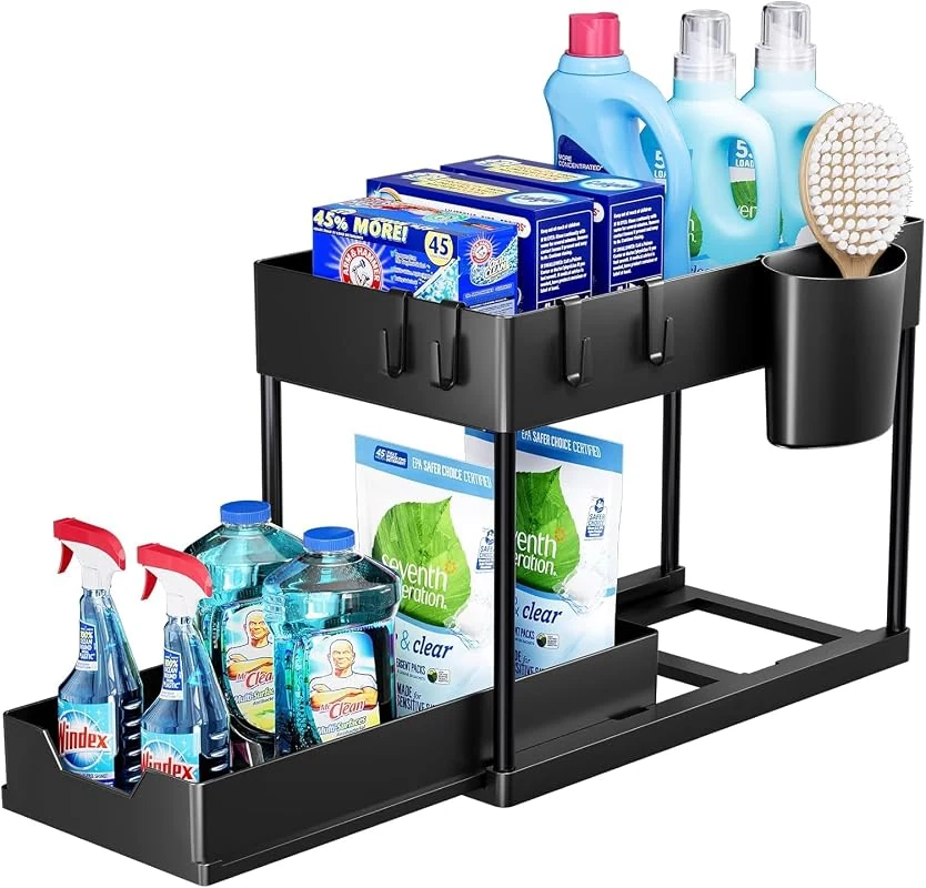 SKY-TOUCH Double-Layer Kitchen Storage Rack, Pull-Type Under Sink Organizer with Hooks, Black