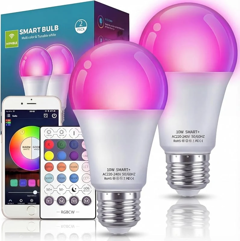 Smart Light Bulbs, 10W RGB Color Changing, WiFi & Voice Control for Alexa & Google Home (2 Pack)