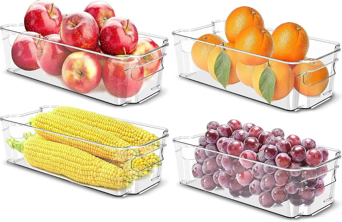 SKY-TOUCH 4PCS Clear Stackable Pantry Organizers and Storage Bins - BPA-Free Plastic Containers with Handles for Kitchen Use
