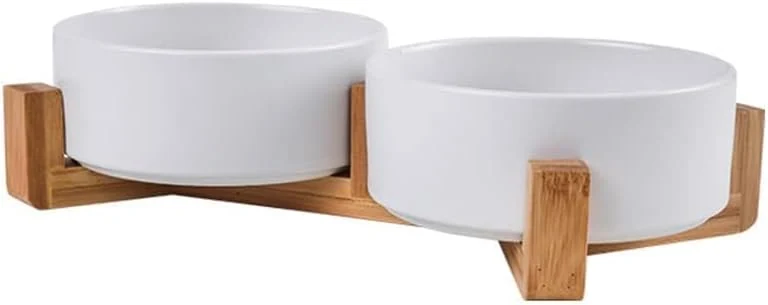 Joyzzz Ceramic Elevated Pet Feeding Station with Wood Stand, Heavy-Duty for Kittens and Puppies