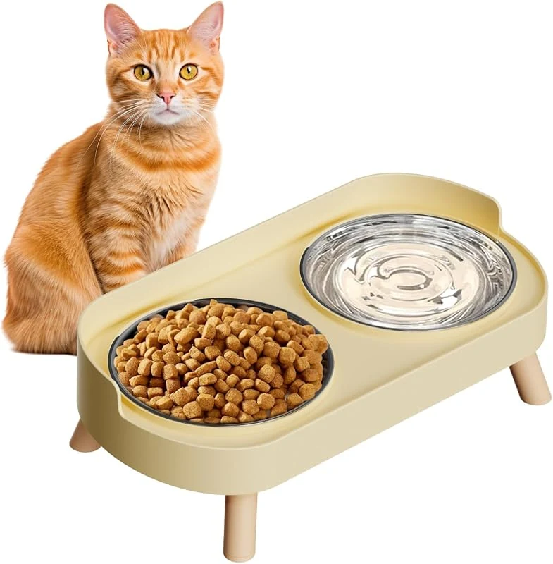 Elevated Cat Feeding Station with 2 Splash-Proof Stainless Steel Bowls, Whisker-Friendly Design