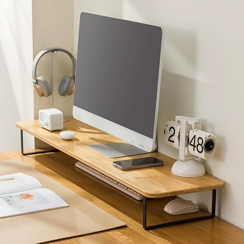 Sturdy 80CM Wood Monitor Stand Riser with Keyboard Organizer for Home Office or Study