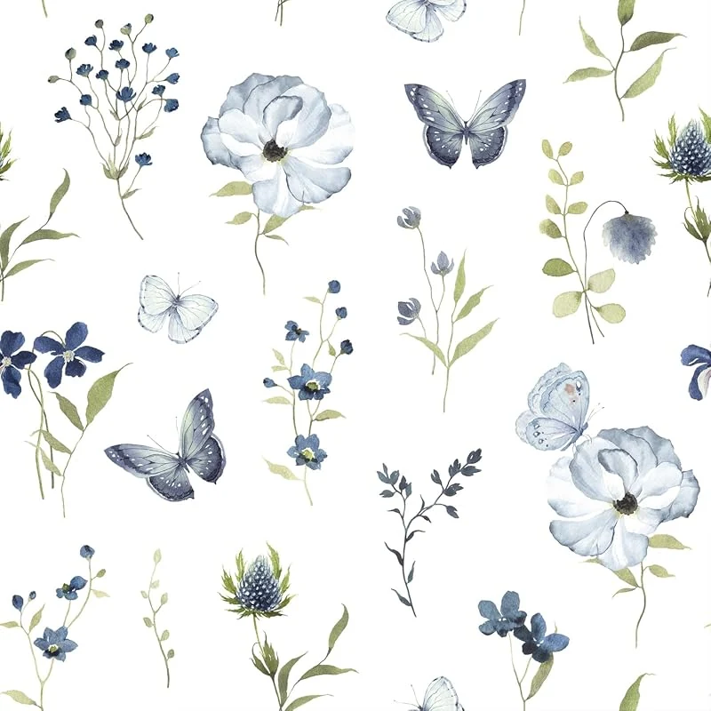 Serene Blue Watercolor Floral Peel and Stick Wallpaper, Waterproof and Removable for Versatile Decor