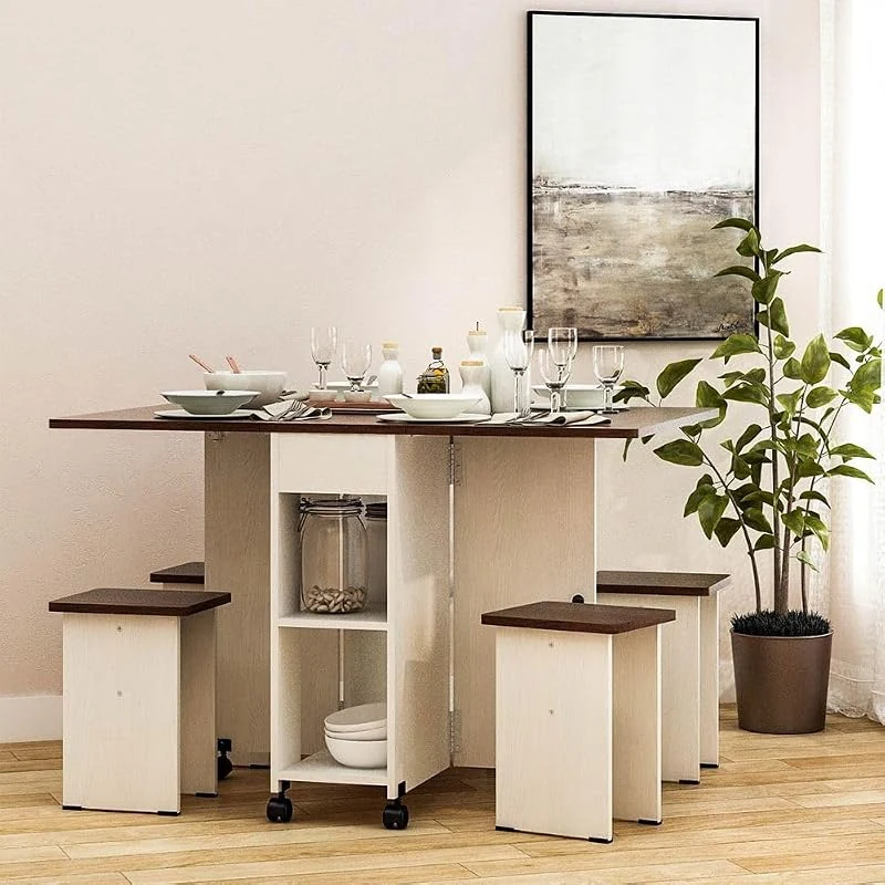 Danube Home Algeria 5-Piece Folding Dining Set with 4 Chairs, Modern Space Saver Design - White Ash/Brown Walnut