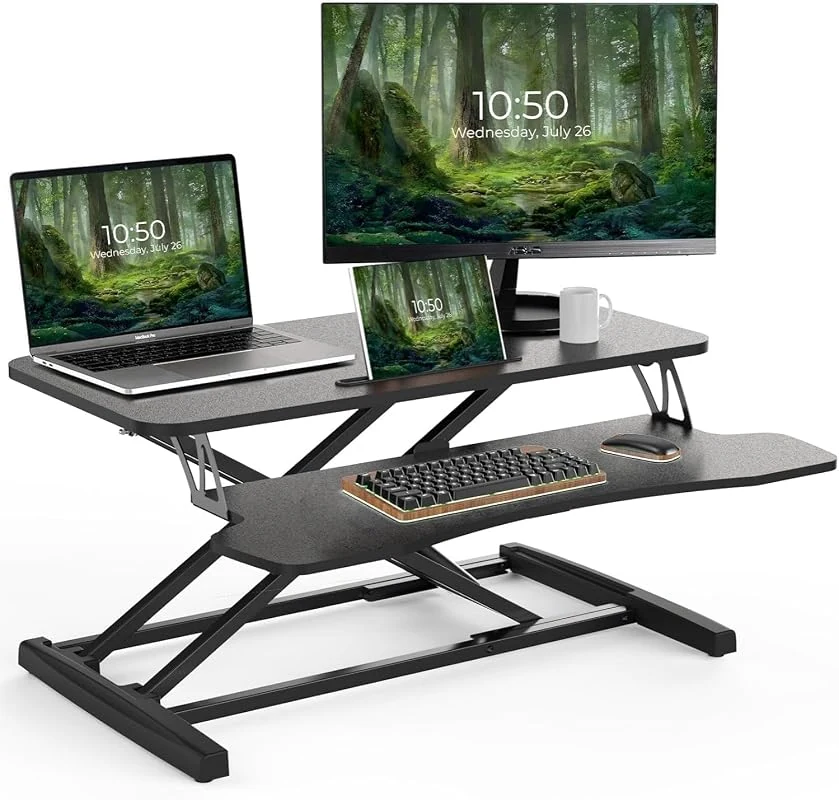 SKY-TOUCH 32” Wide Height Adjustable Standing Desk Converter with Keyboard Tray for Home Office