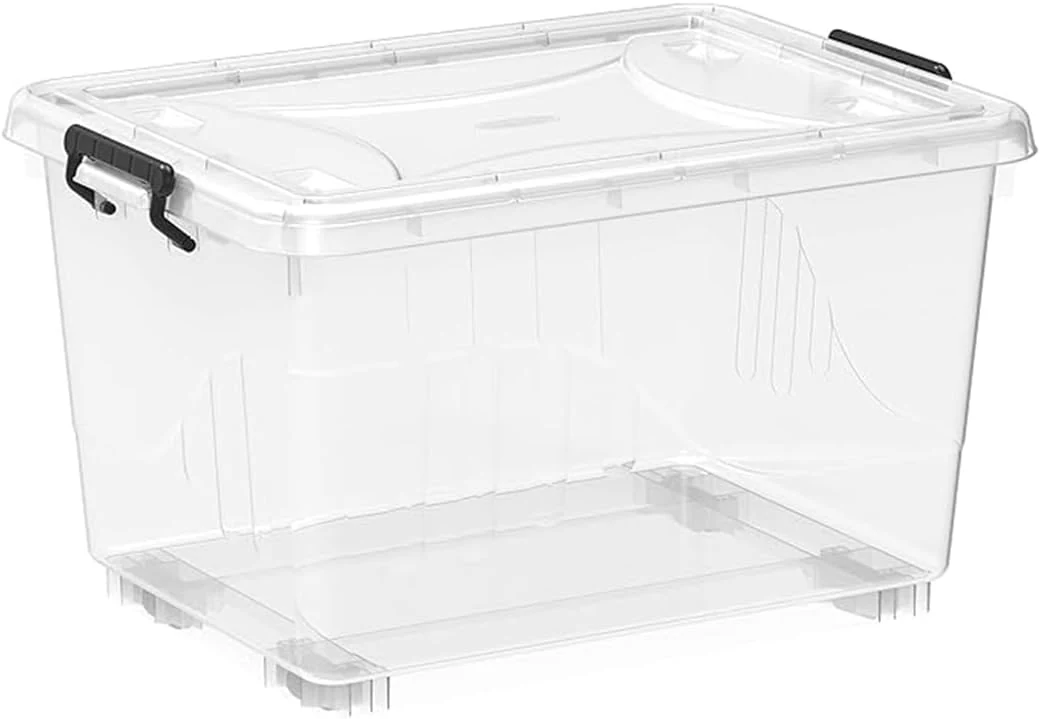 Heavy Duty Plastic Storage Box with Lockable Lid and Wheels - 55L Clear Organizer for Clothes and Tools