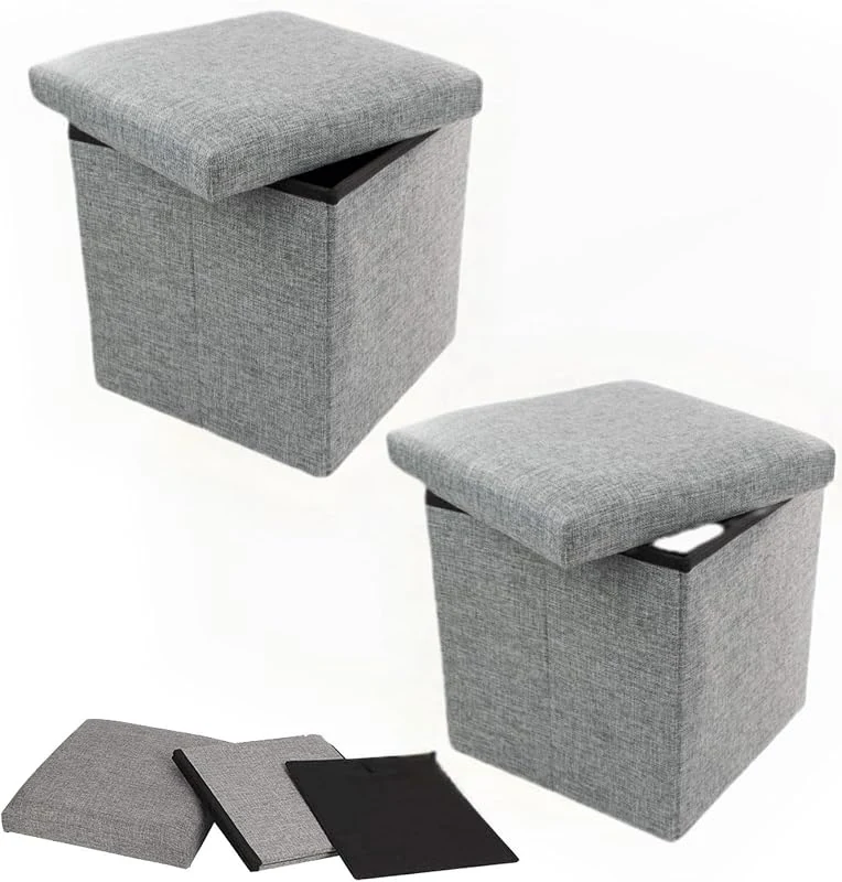 SKY-TOUCH Folding Storage Ottoman Cube Seat, Space-Saving Footrest for Living Room, Light Grey, 2 Pack