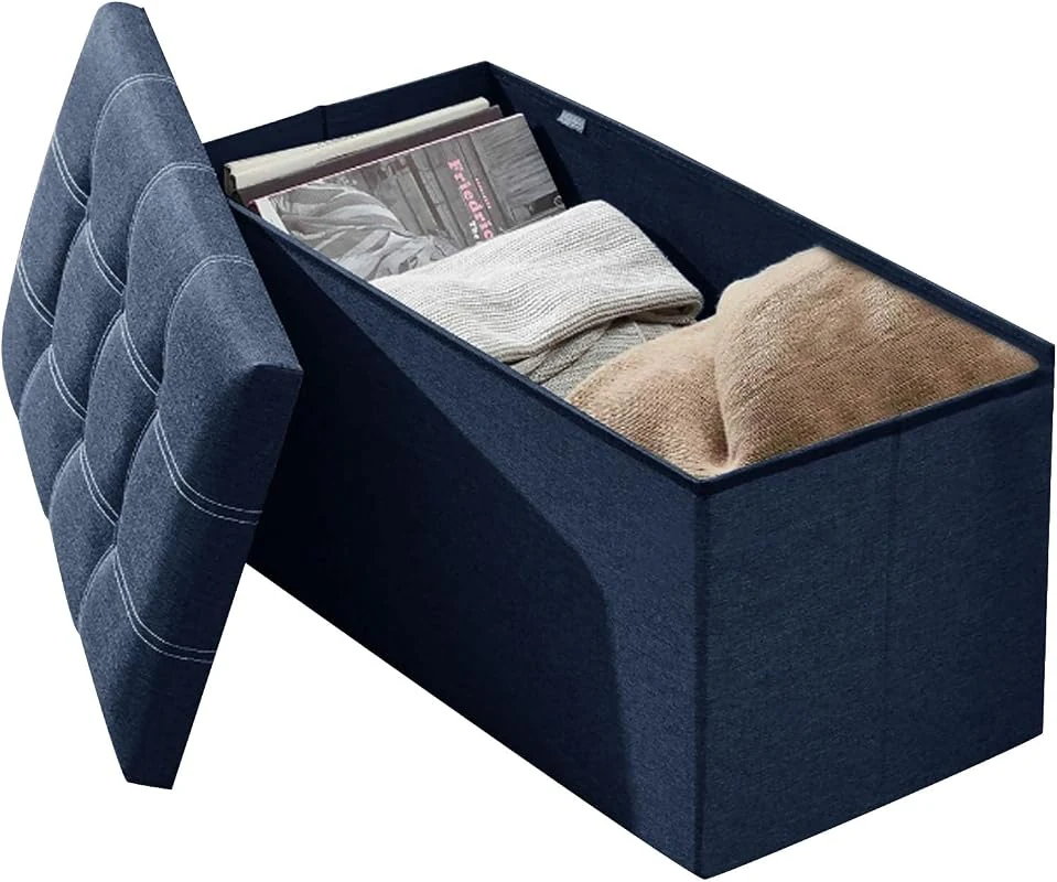 Beauenty Large Foldable Ottoman Storage Box, Hidden Foot Rest for Living Room, Blue