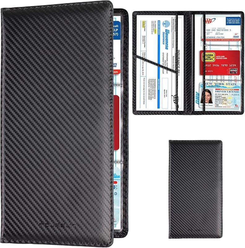 TOURSUIT Car Registration and Insurance Card Holder - Carbon Fiber Black Glove Box Organizer for Vehicle Documents