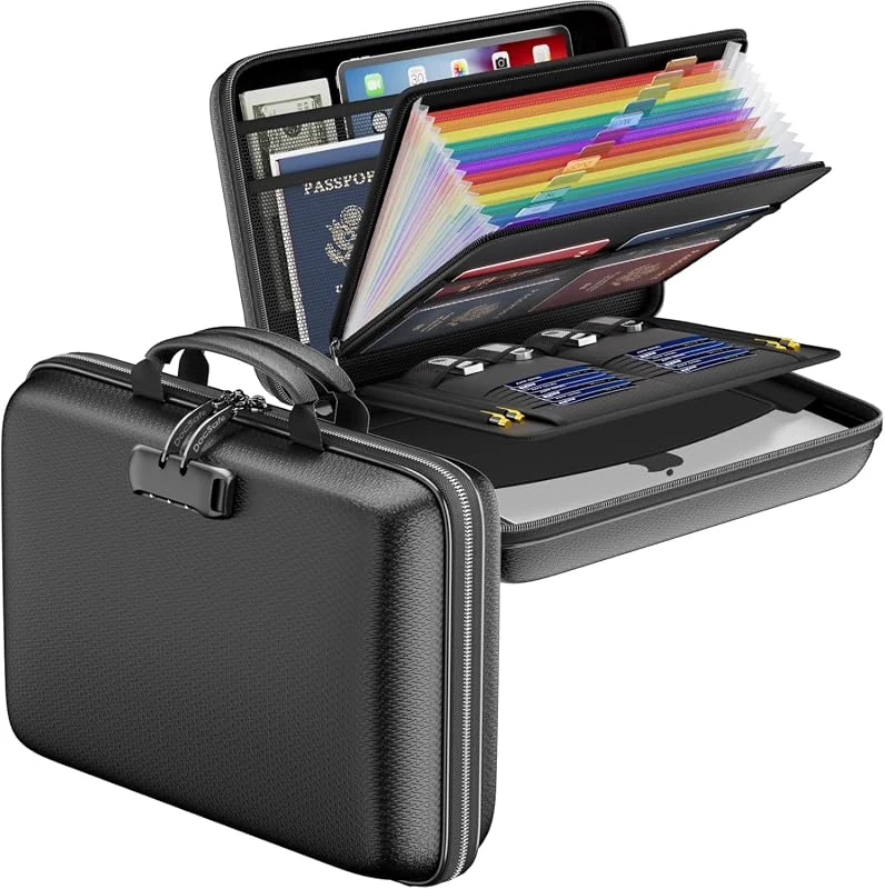 DocSafe Fireproof File Organizer with Lock and 13 Pocket Accordion Folder for Portable Document Storage