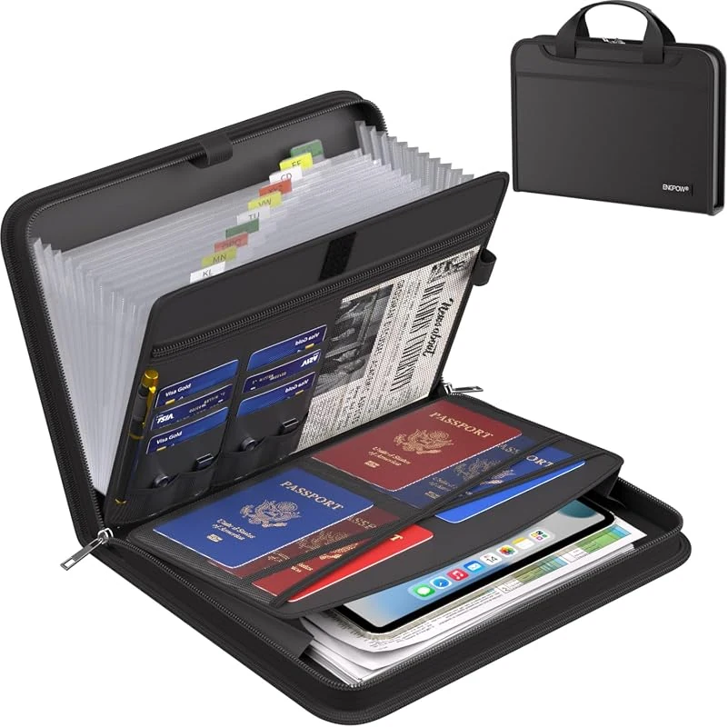 ENGPOW Fireproof Accordion File Organizer with 13 Pockets, Handle, and Labels for Safe Document Storage