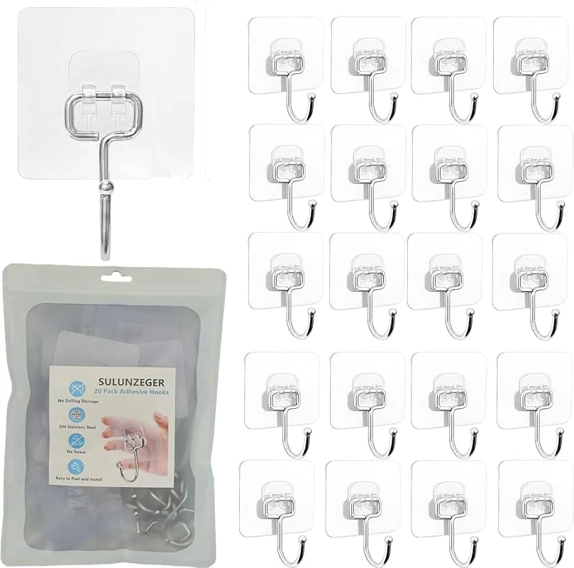 Heavy Duty Adhesive Wall Hooks, Sticky Hangers, No Drill, 20Kg Max Capacity for Home & Bathroom - 20 Pack
