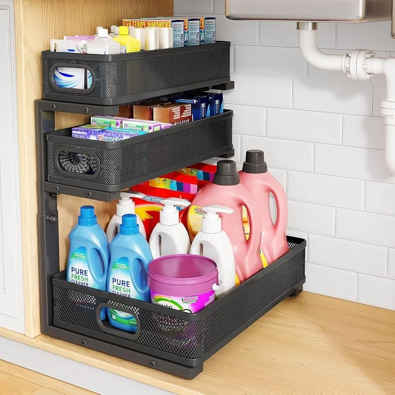 Angju 3-Tier Height Adjustable Metal Under Sink Organizer with Slide Out Drawers for Home