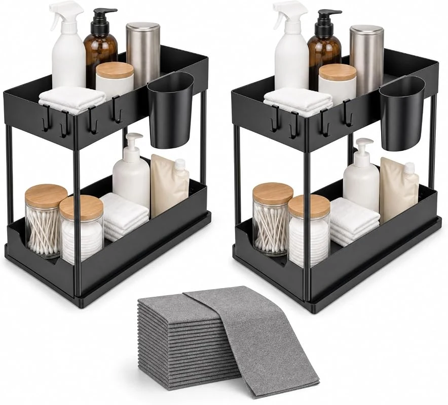 CoreMart Dual-Layer Sliding Storage - 2-Tier Under-Sink Organizer with 10 Towels and Pull-Out Basket