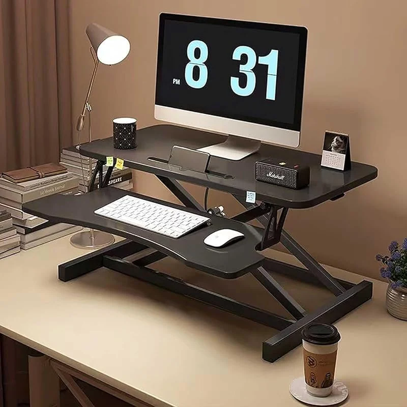 Double Layer Pneumatic Standing Desk Converter with Keyboard Tray, Height Adjustable for Laptops & Dual Monitors