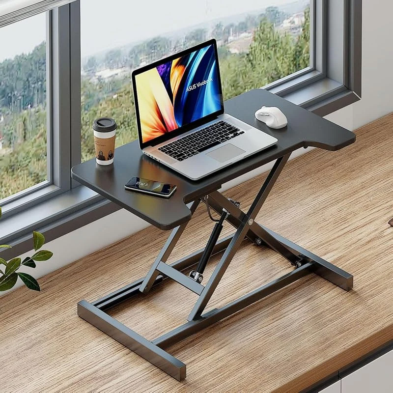 Single Layer Pneumatic Standing Desk Converter with Keyboard Tray, Height Adjustable for Laptops & Dual Monitors