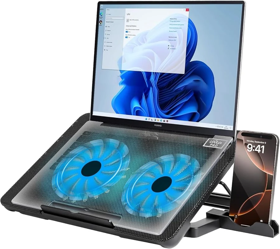 Height Adjustable Gaming Laptop Cooling Pad with Two Quiet Fans and USB Charging Ports