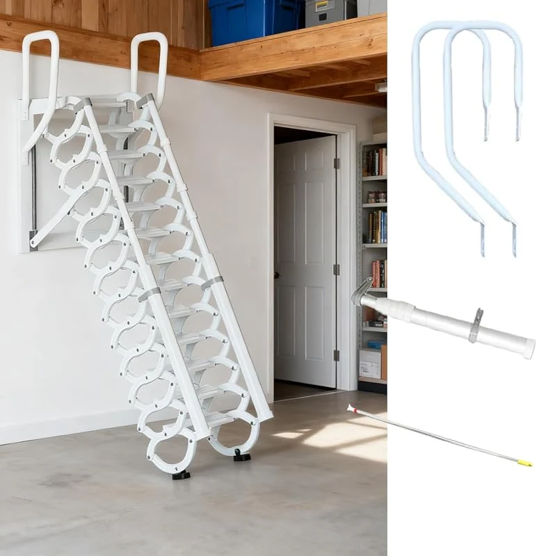 Wall-Mounted Folding Attic Stairs with 10.6ft Retractable Ladder and Handrails, 661lbs Capacity