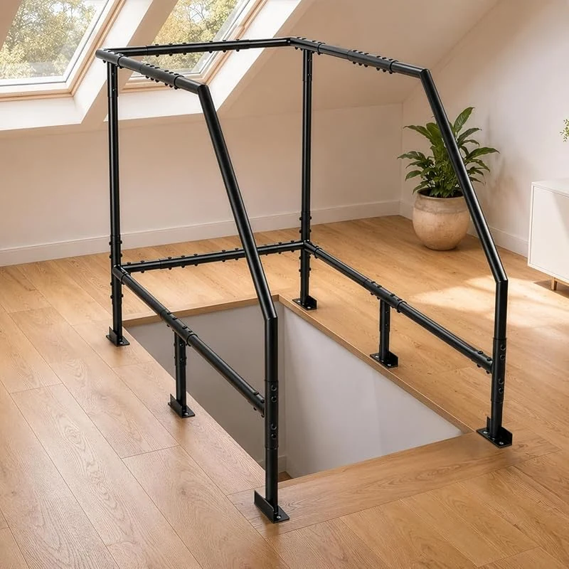 Adjustable Attic Ladder Safety Railing with Dual-Level Handrails for Enhanced Climbing Support