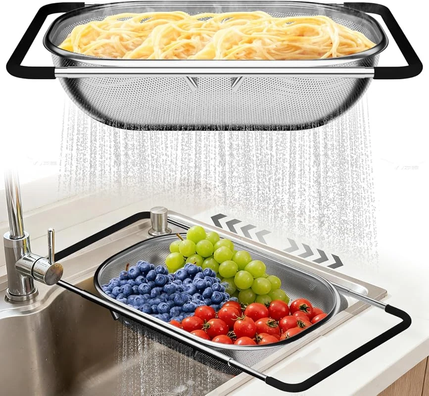 Expandable Over the Sink Colander with Rubber Grip for Easy Veggie and Pasta Straining