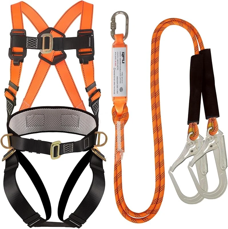 Complete Safety Harness Fall Protection Kit with Shock-Absorbing Ropes for Roofing and Construction