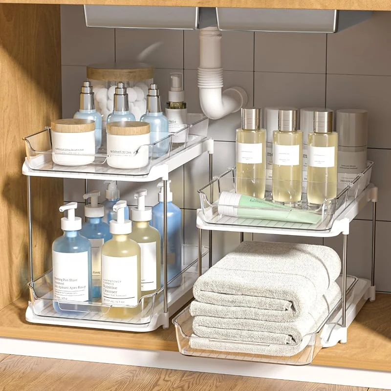 Delamu 2-Tier Under Sink Organizers, Stackable Bathroom and Kitchen Storage with Movable Dividers, 2 Pack