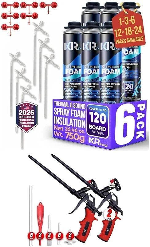 ixirpro Spray Foam Insulation Can (6 x 26.46 oz.) & Luft Expanding Foam Spray Gun with 2 Guns & 9 Extenders